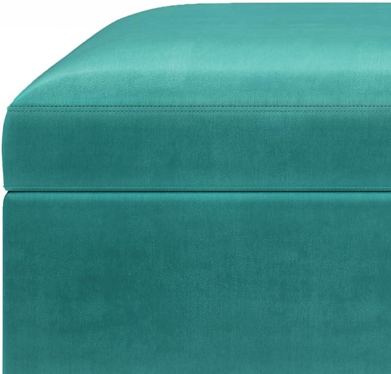 Simpli Home Owen 36 inch Wide Mid Century Modern Rectangle Small Rectangular Storage Ottoman in Aqua Blue Velvet Fabric
