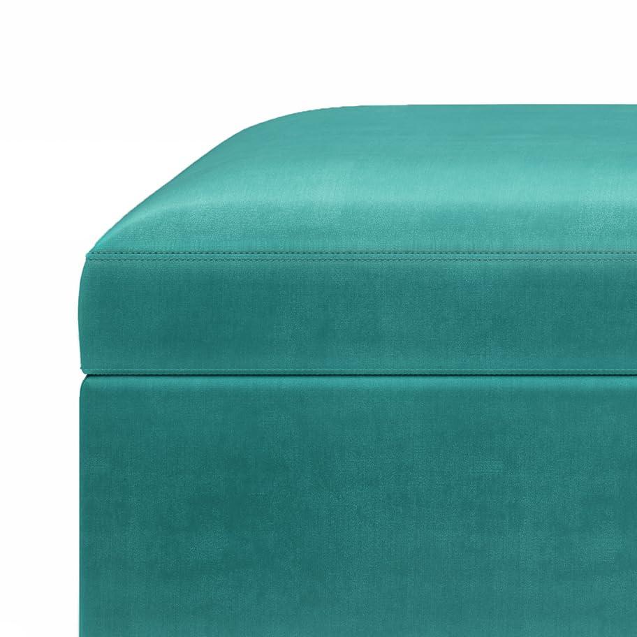 Simpli Home Owen 36 inch Wide Mid Century Modern Rectangle Small Rectangular Storage Ottoman in Aqua Blue Velvet Fabric