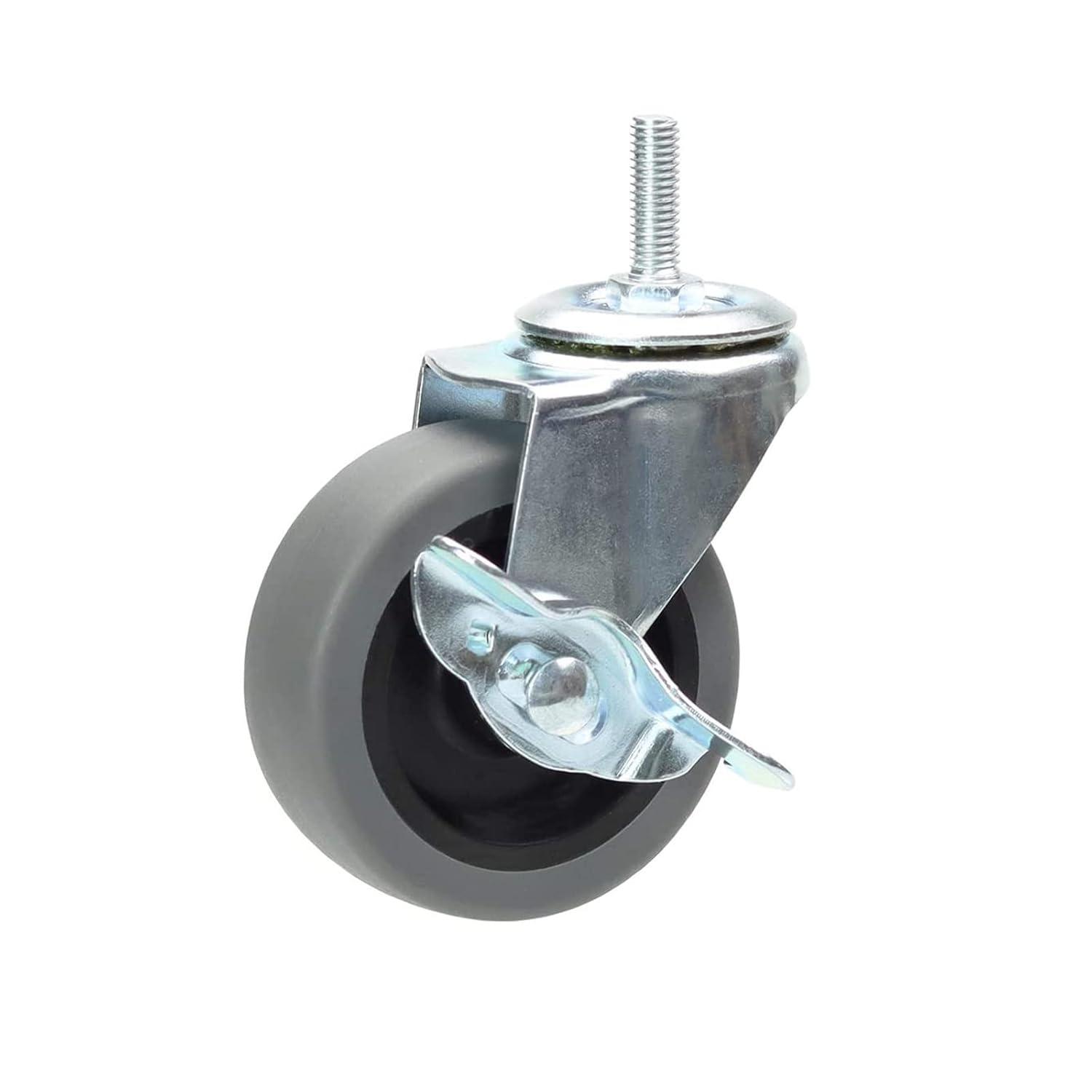 3 Inch Swivel Stem Caster Wheels with Brake Set of 4, M8-1.25 Threaded Stem Industrial Rubber Casters, Replacement for Furniture and Workbench……