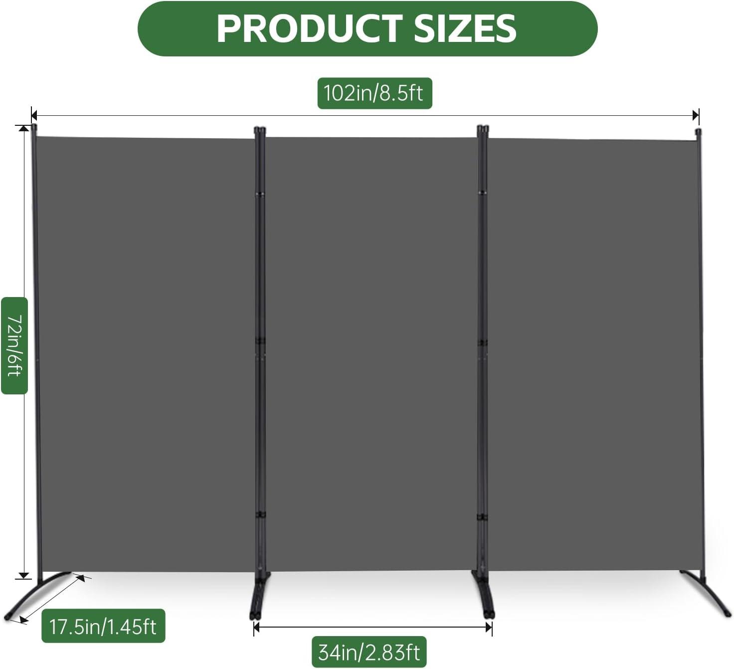 JVVMNJLK Indoor Room Divider,Portable Office Divider,Convenient Movable(3-Panel),Folding Partition Privacy Screen for Bedroom,Dining Room, Study,102" W x 19.7" D x 71.3" H,Dark Gray