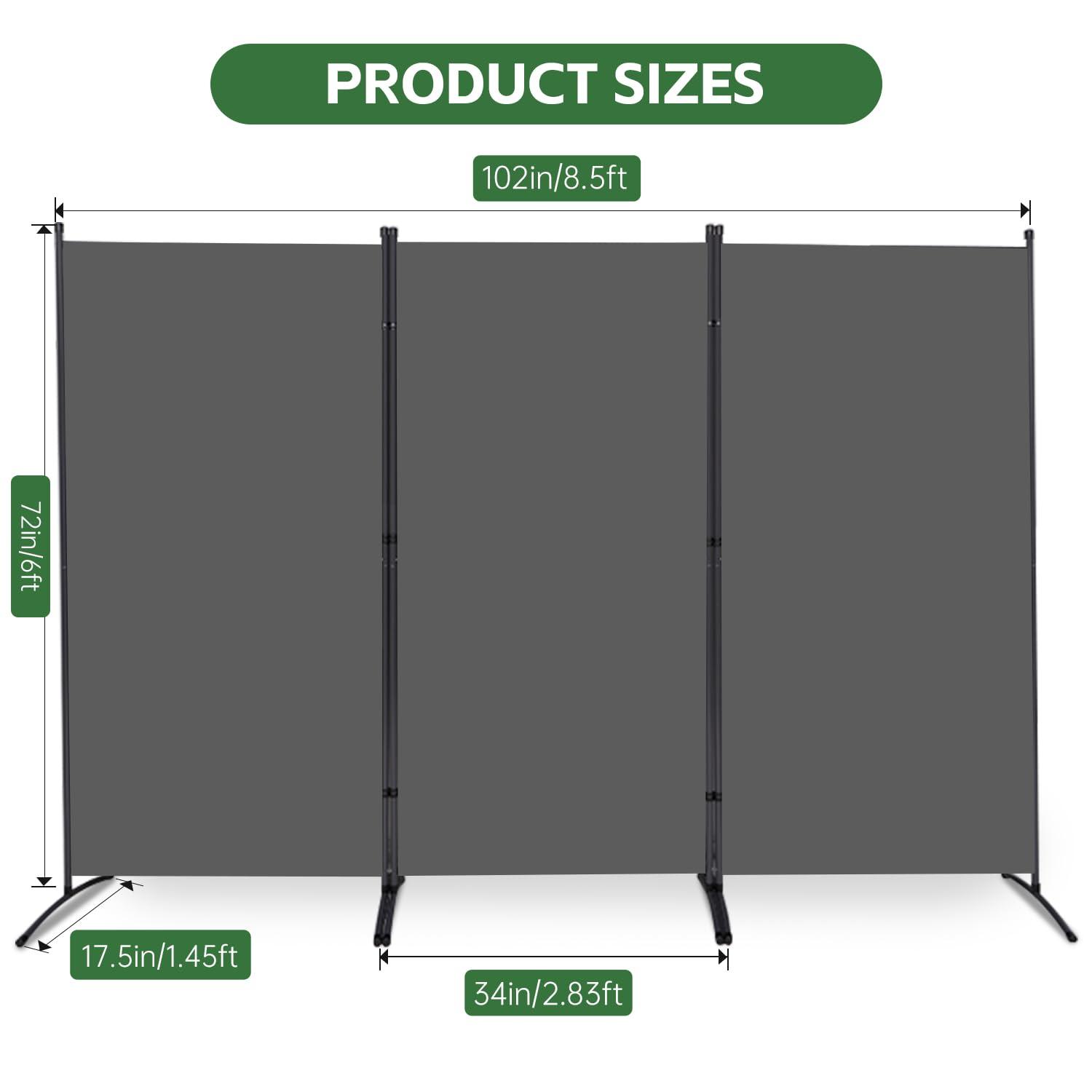 JVVMNJLK Indoor Room Divider,Portable Office Divider,Convenient Movable(3-Panel),Folding Partition Privacy Screen for Bedroom,Dining Room, Study,102" W x 19.7" D x 71.3" H,Dark Gray