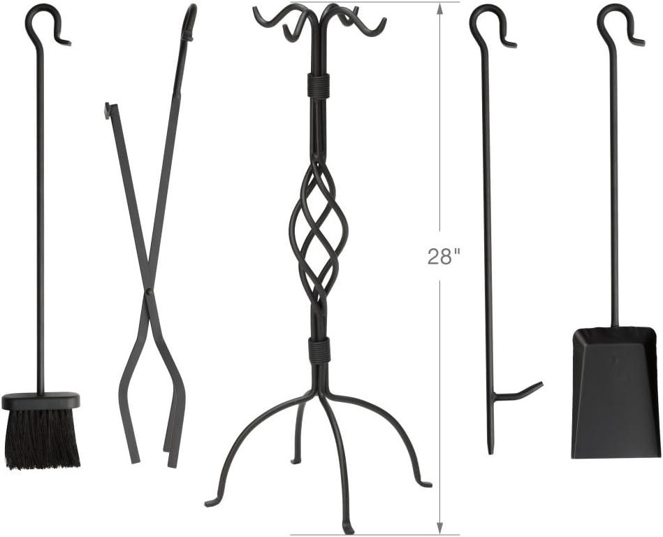 Uniflame 5 Piece Black Wrought Iron Fireplace Tools Set with Center Weave