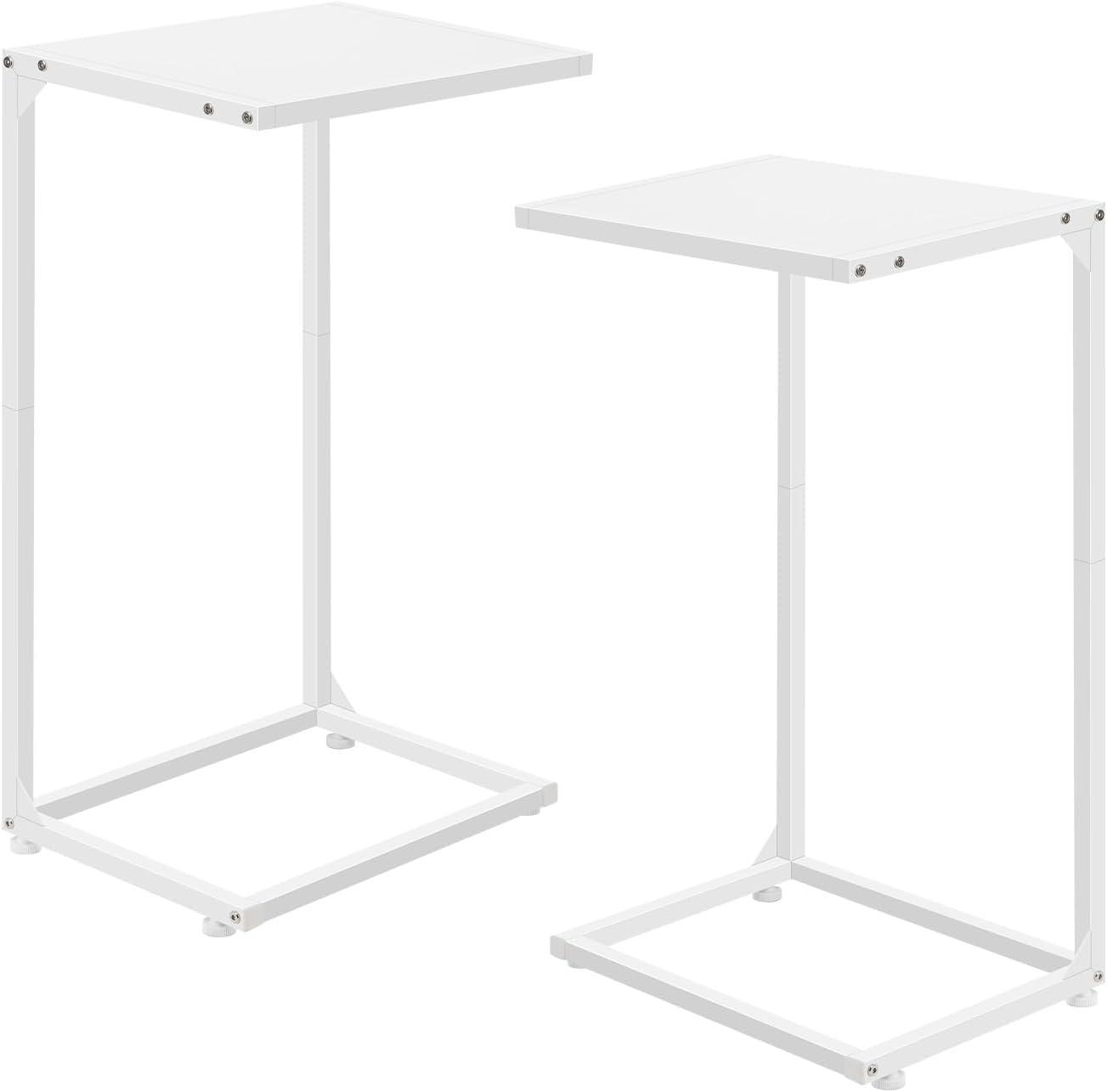 White Faux Marble C-Shaped End Table Set with Metal Frame