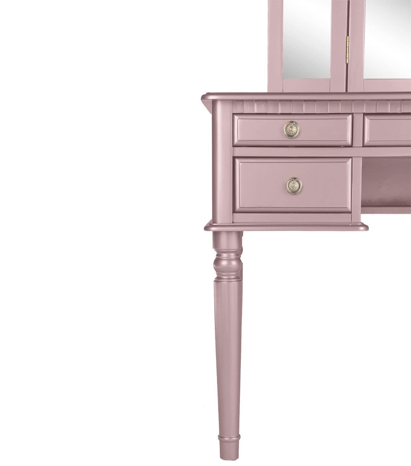 Poundex Furniture Wood Vanity Set with Mirror and Stool in Pink Rose Gold Color
