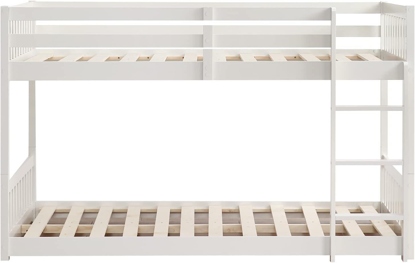 JOYMOR Wood Low Twin Over Twin Bunk Bed for Kids/Toddlers/Junior, Bunk Bed Frame with Guardrails & Ladder for Boys Girls, No Box Spring Needed, White