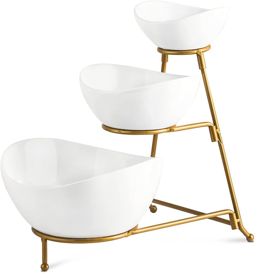 Gold 3-Tier Oval Ceramic Serving Bowl Set with Stand