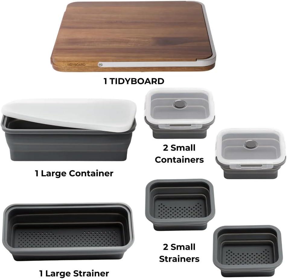 TidyBoard Meal Prep System - Acacia Cutting Board - The Quick & Easy Meal Prep Solution, Grey