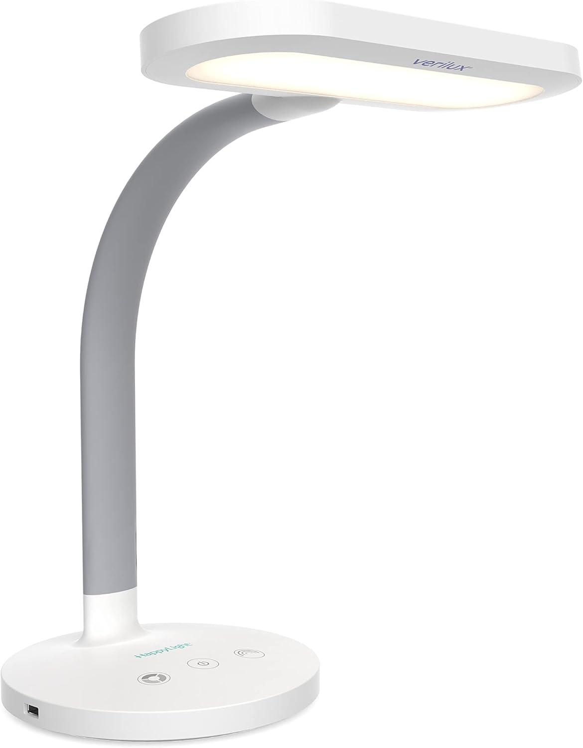 Verilux HappyLight Duo 2-in-1 Light Therapy and Task Desk Lamp White: Modern Design, USB Port, No Assembly Required