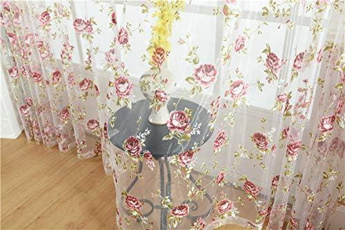 Rod Pocket Top Rose Floral Sheer Voile Curtain, Pink Flower Tulle Transparent Window Treatment for Living Room Bedroom Glass Door, 54 by 84 Inch Each,1 Set of 2 Panels …