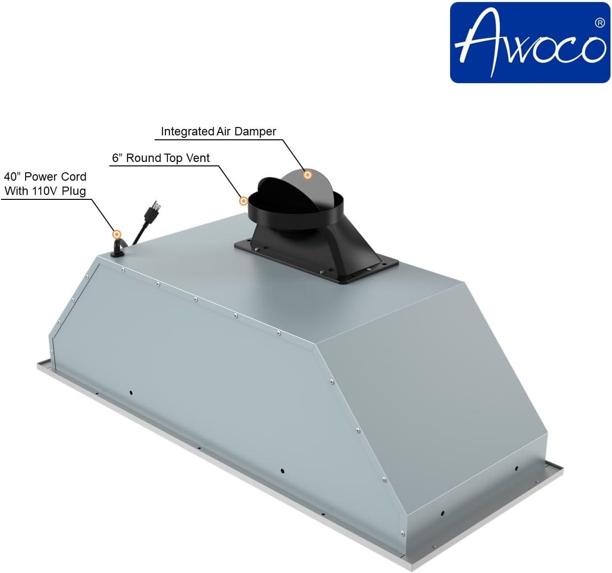 Awoco 36" Stainless Steel 650 CFM Ducted (Vented) Insert Range Hood with Mesh Filter