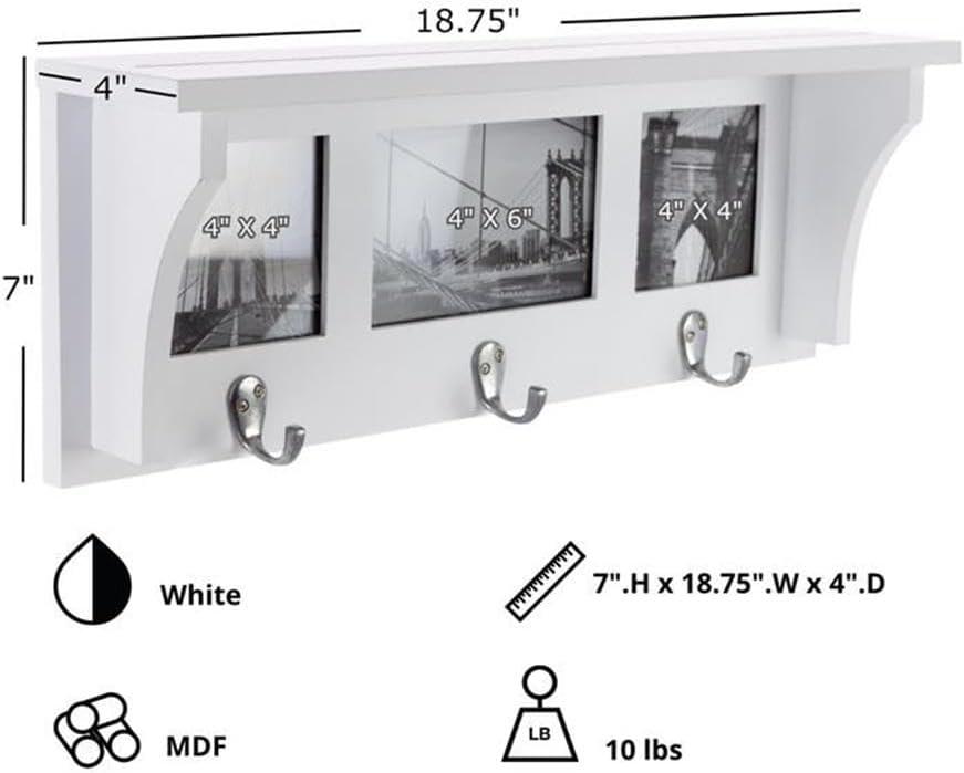 White Wooden Wall Shelf with Picture Collage and Hooks