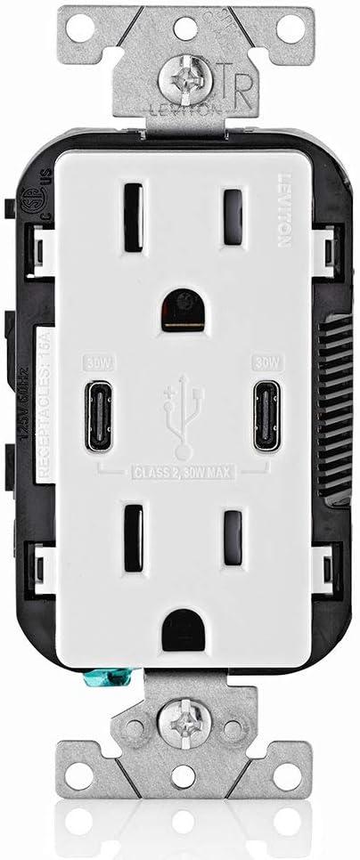 White 15A Tamper-Resistant Outlet with Dual USB Type-C Ports