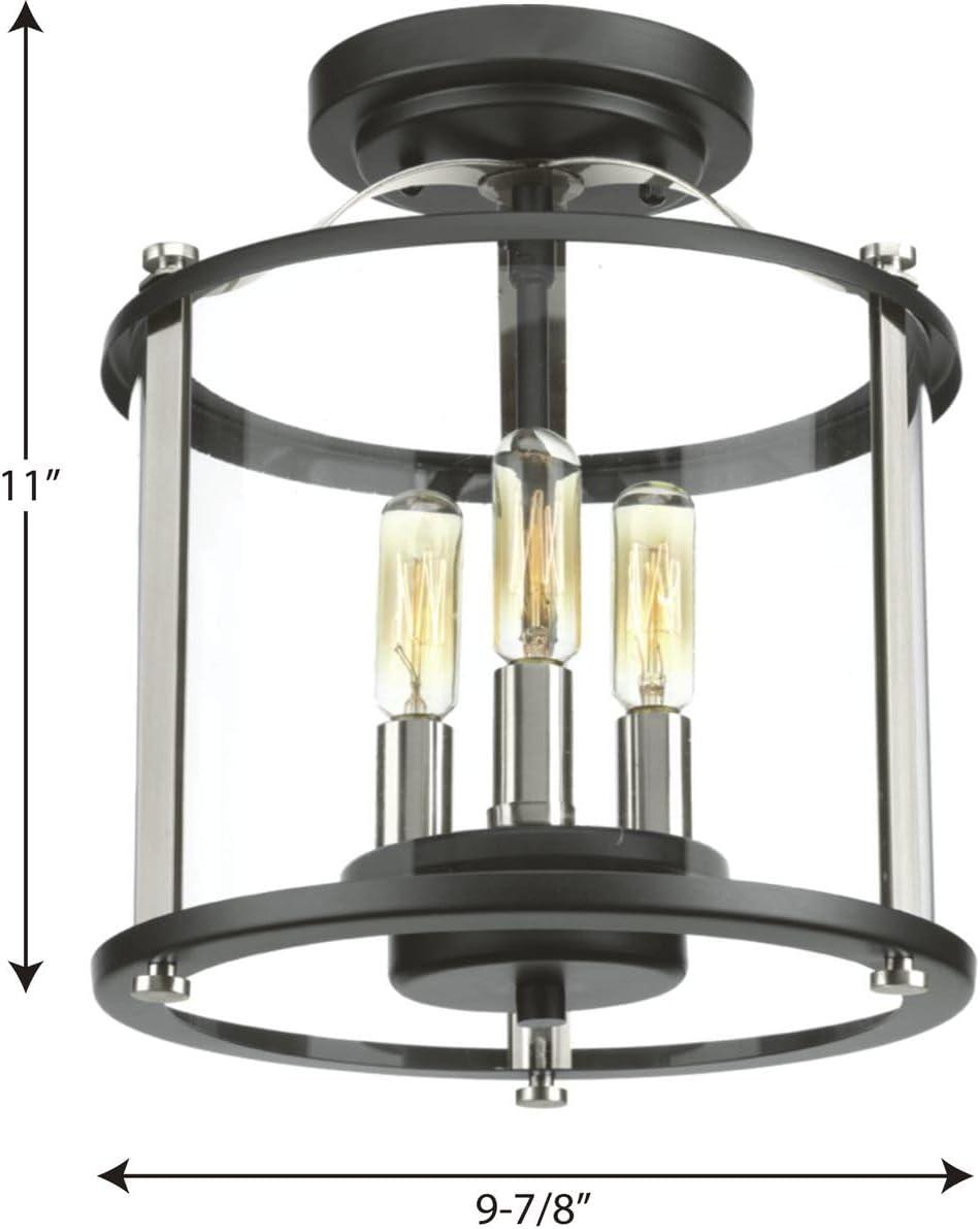 Progress Lighting, Squire Collection, 3-Light Semi-Flush Lantern, Black Finish, Clear Glass Shade