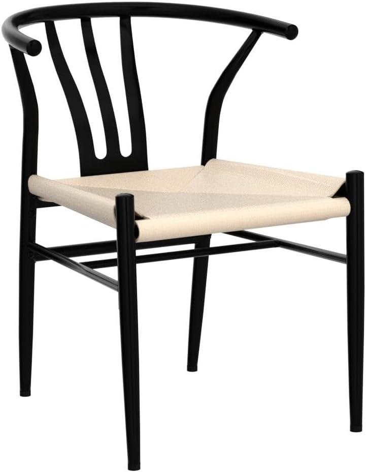 Alden Design Set of 4 Mid-Century Weave Dining Chairs with Solid Metal Frame, Black