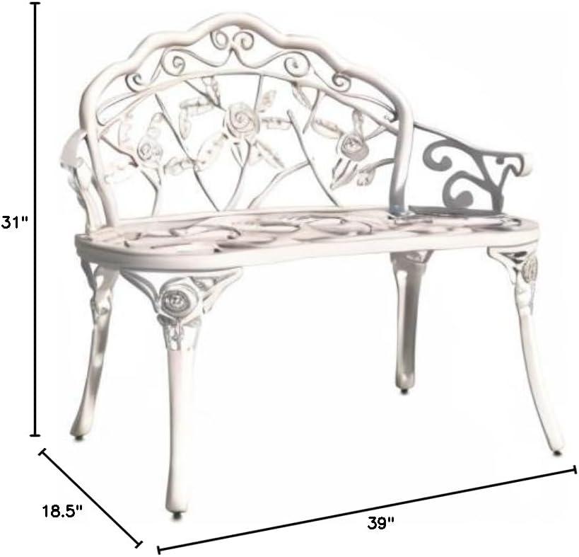 Antique Rose Cast Aluminum and Iron Outdoor Loveseat Bench - White