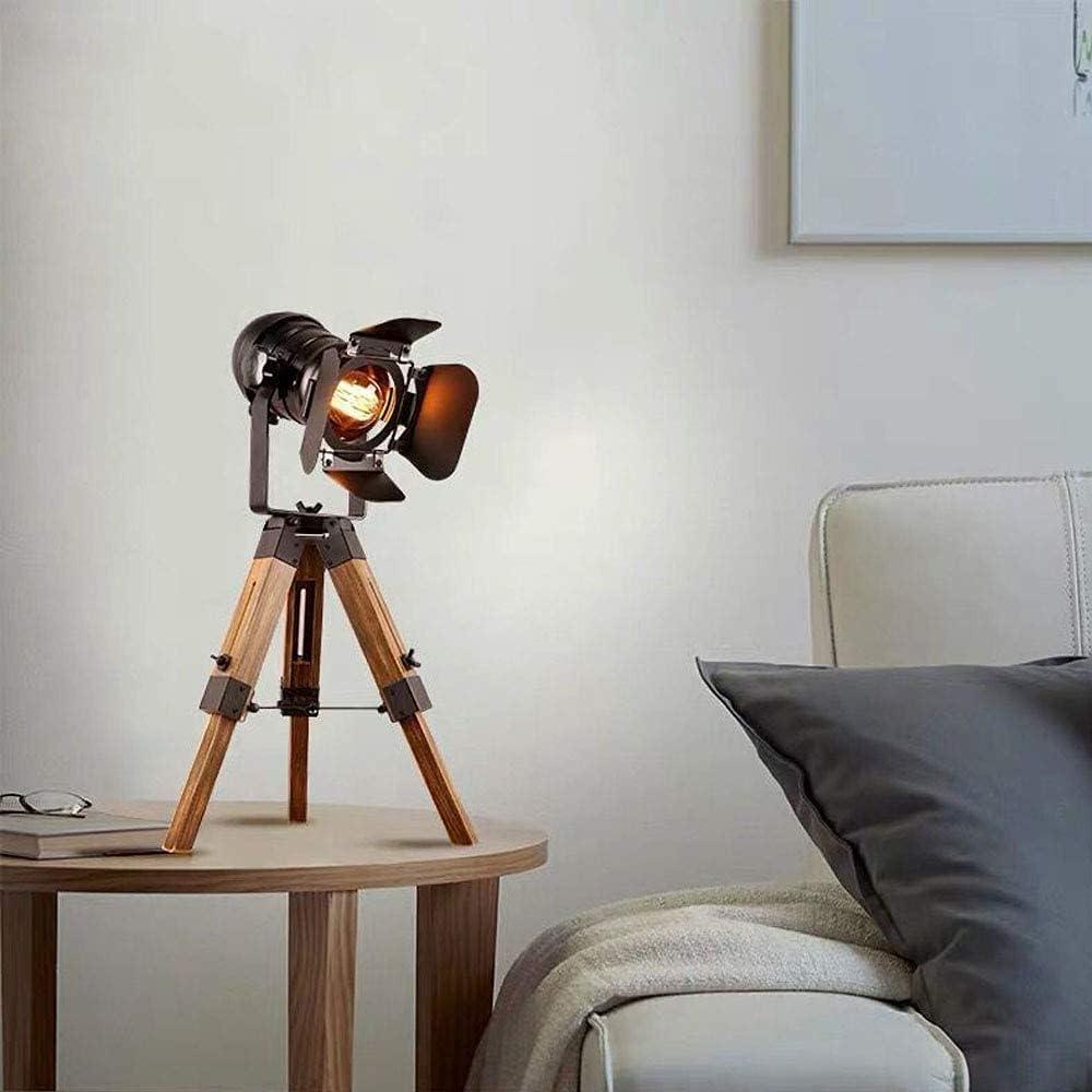 Modern Industrial Vintage Tripod Floor Table Lamp - Metal Wooden Nautical Cinema Standing Searchlight - Reading Light for Living Room Movie Theatre Decoration Adjustable Height (excluding Bulb)