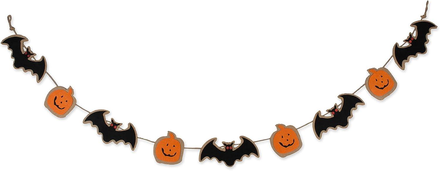 72-Inch Black and Orange Burlap Bat Pumpkin Garland