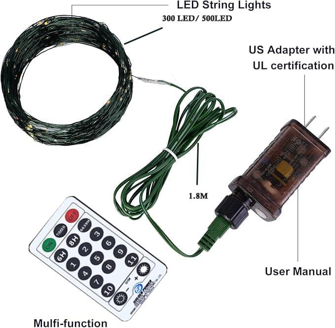 Decute 500LED 164FT Christmas Tree String Lights Green Wire Dimmable with Remote Control, UL Listed Plug in Fairy Starry Lights Decorative for Christmas Tree Party Wedding Indoor Outdoor Warm White