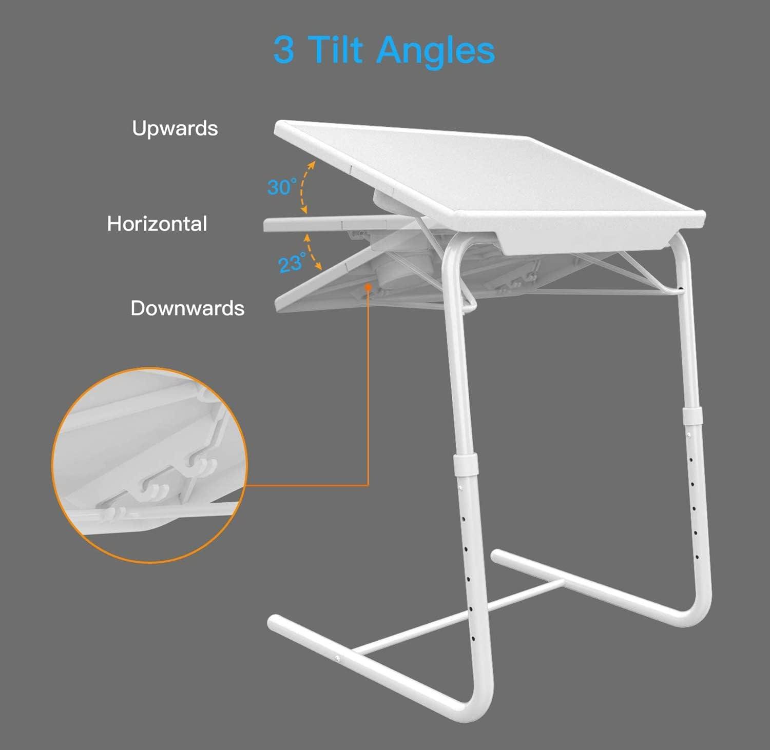 White Adjustable Folding TV Tray Table with Cup Holder