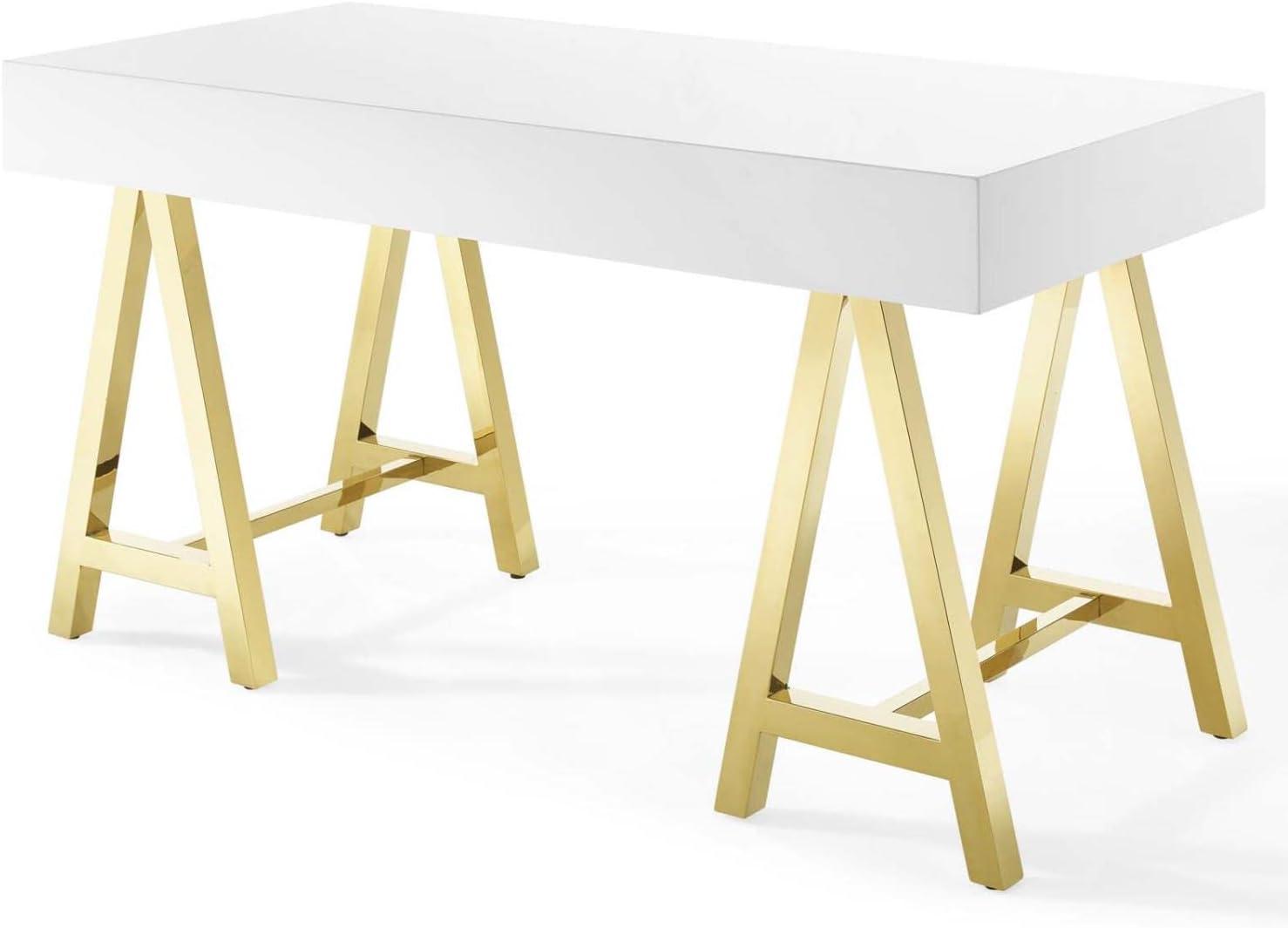 Sleek Gold & White Retro Modern Office Desk with Drawers