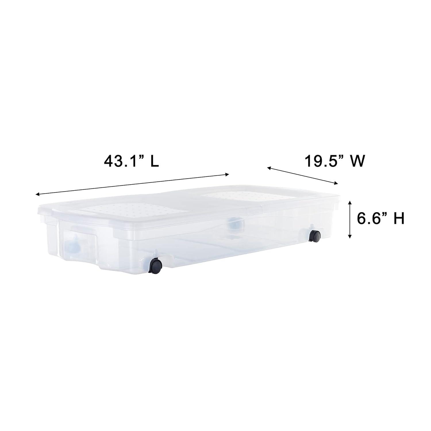 Rubbermaid Under Bed Wheeled Storage Box, 2-Pack, Made In USA, Plastic Containers With Dual-Hinged Lids And Sturdy Wheels, Visible Organization For Tight Spaces