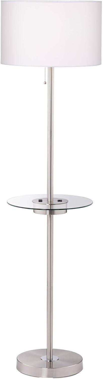 360 Lighting Caper Modern Floor Lamp with Tray Table 60 1/2" Tall Brushed Nickel USB and AC Power Outlet Off White Fabric Drum Shade for Living Room