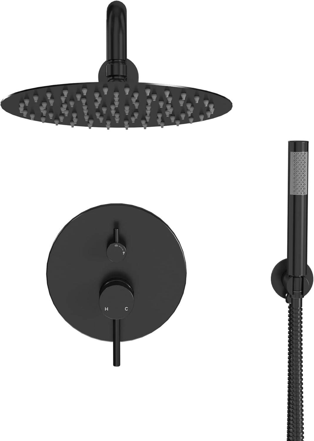 High-Pressure Shower System with 10 Inch Round Rain Shower Head and Handheld Wall Mounted, Shower Faucet Set Combo Set with 2 in 1 Handheld Showerhead for Bathroom, Matte Black