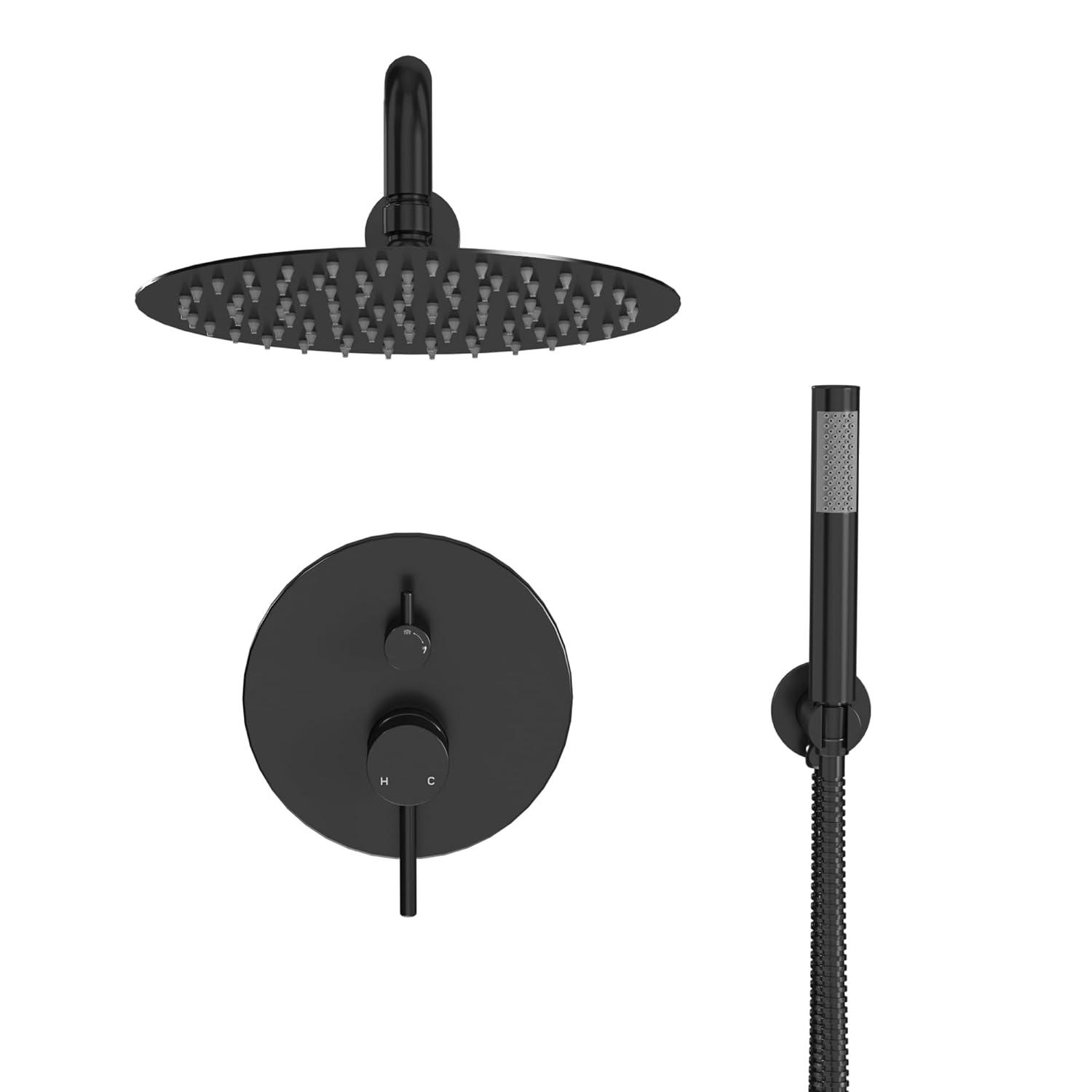 High-Pressure Shower System with 10 Inch Round Rain Shower Head and Handheld Wall Mounted, Shower Faucet Set Combo Set with 2 in 1 Handheld Showerhead for Bathroom, Matte Black