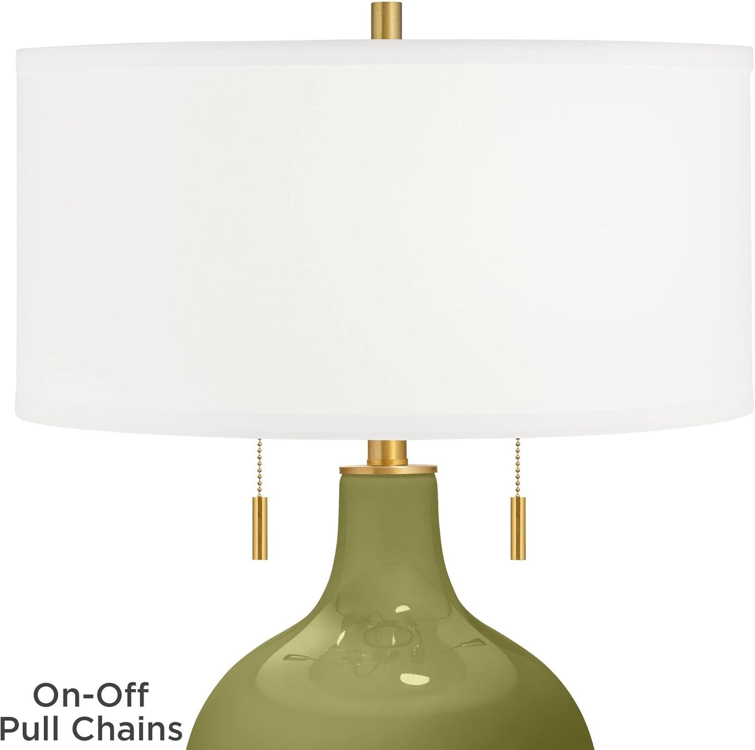 Color + Plus Toby 28" Tall Modern Glass Table Lamp Pull Chain Rural Green Gold Brass Finish Single Fabric White Shade Living Room Bedroom Bedside Nightstand House Office Family Reading Kitchen