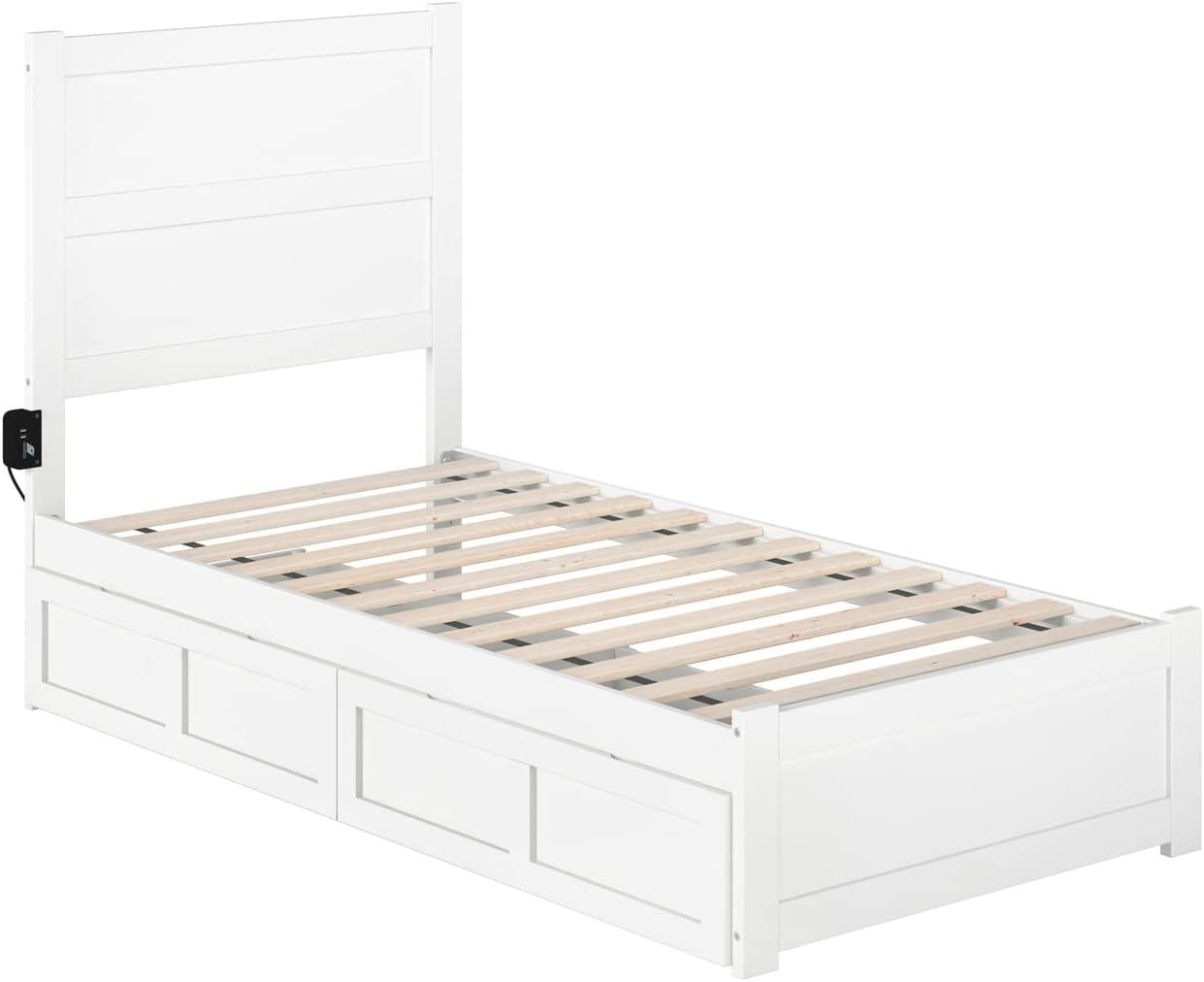 White Twin Platform Bed with Storage Drawers and Headboard