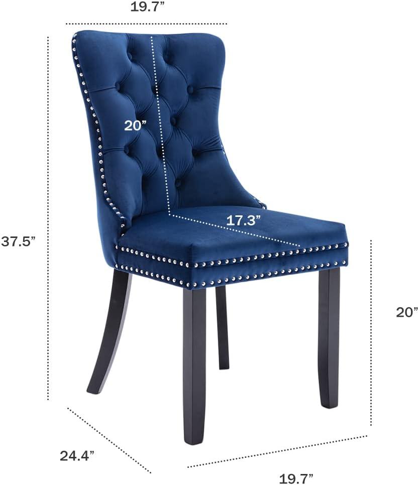 Modern Velvet Upholstered Dining Chairs with Back Button Nailhead Trim Accent Side Chairs with Wood Legs for Kitchen Dining Room(Blue,Set of 4)