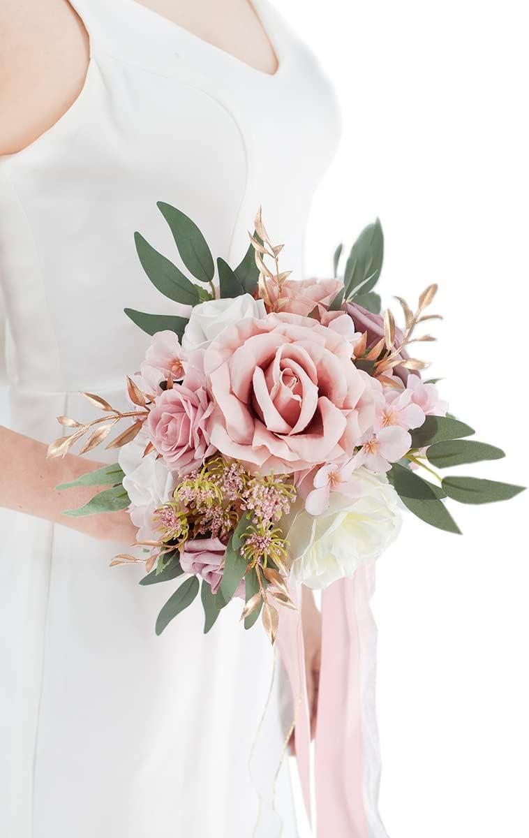Ansofi Dusty Rose Wedding Bouquets for Bride Bridesmaid Artificial Silk Roses Flowers Tossing Bridal Bouquet for Wedding Ceremony Decor