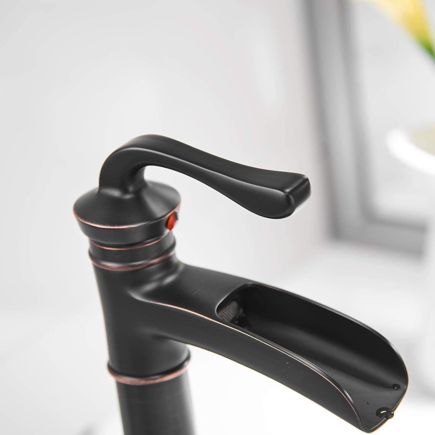 Vessel Sink Faucet Oil Rubbed Bronze Bathroom Faucet Waterfall Farmhouse Single Hole Single Handle for Sink Lavatory Faucets with Pop Up Drain Without Overflow Supply Line