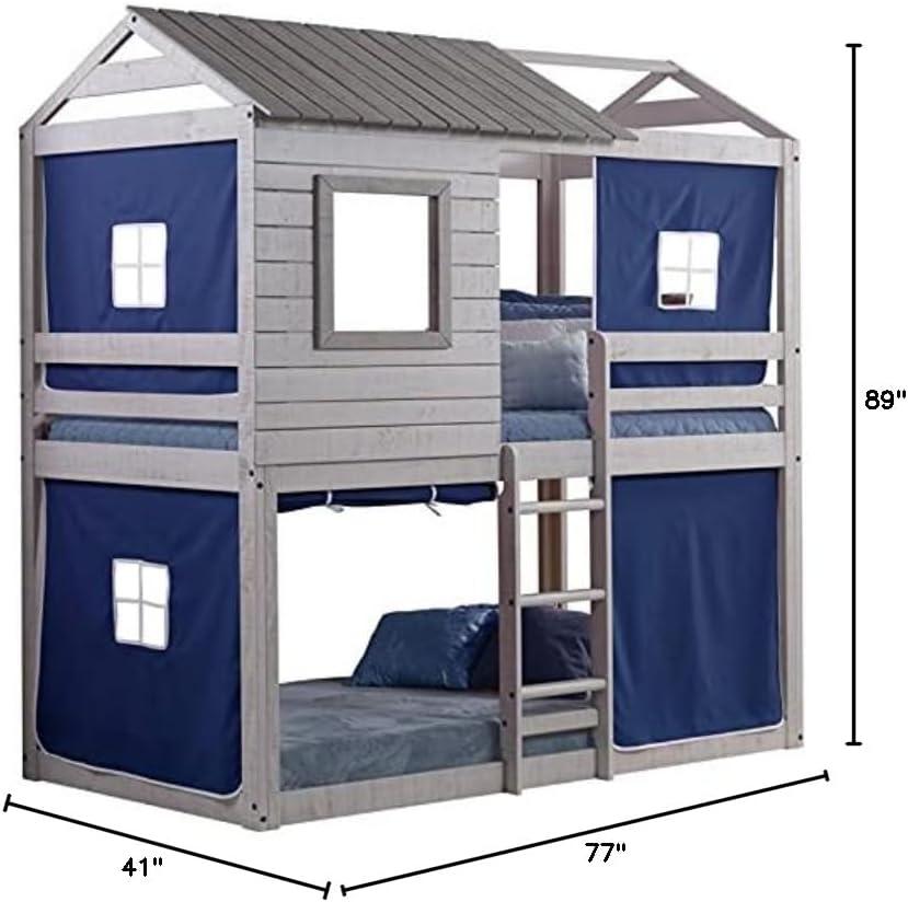 Donco Kids Deer Blind Twin Over Twin Rustic Grey House Bunkbed With Blue Tent