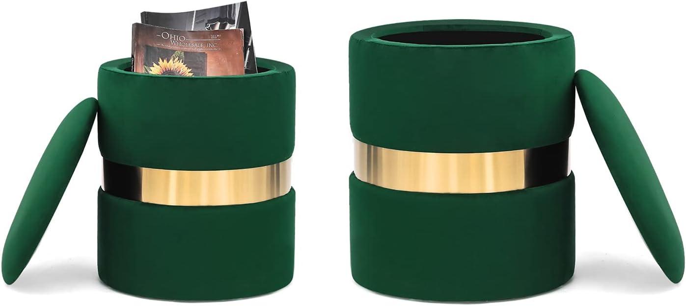 Green Velvet Round Storage Ottoman Set with Gold Accent