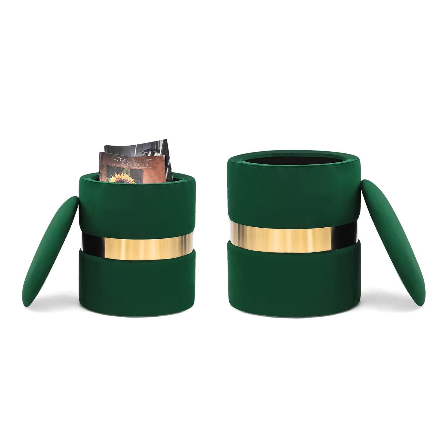 Green Velvet Round Storage Ottoman Set with Gold Accent