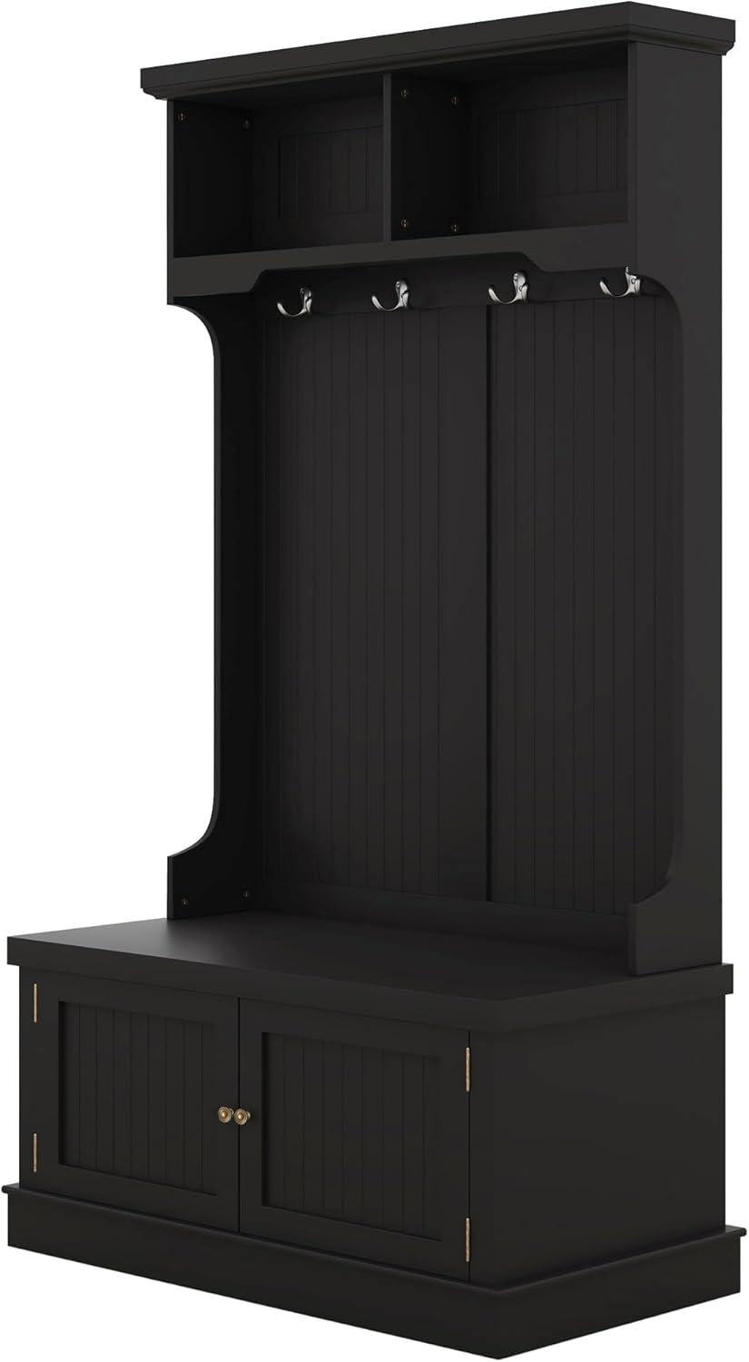 Black Hall Tree with Storage Cabinets and Metal Hooks