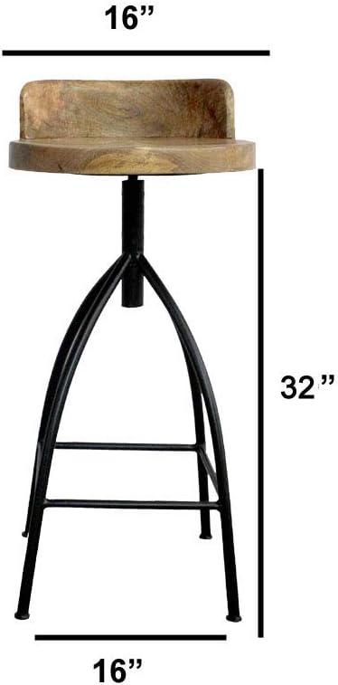 Benzara Industrial Style Adjustable Swivel Bar Height Stool with Backrest, Brown and Black