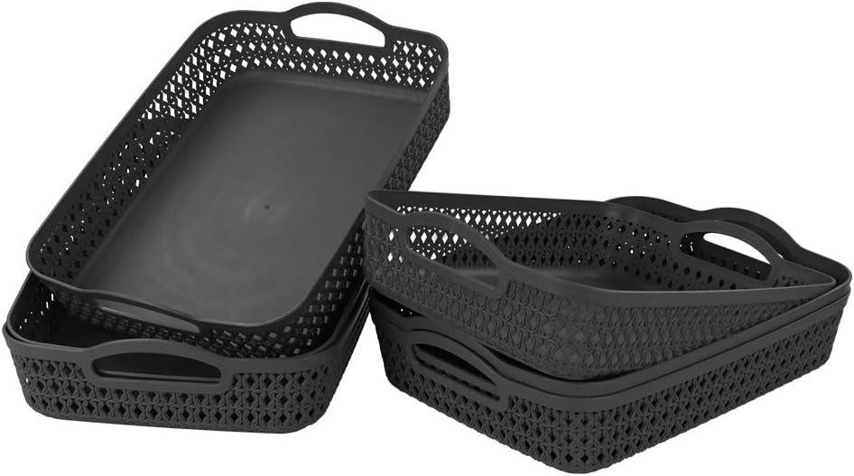 6 Packs Large Plastic Storage Basket Tray with Handle, Shallow Paper Storage Basket, Gray