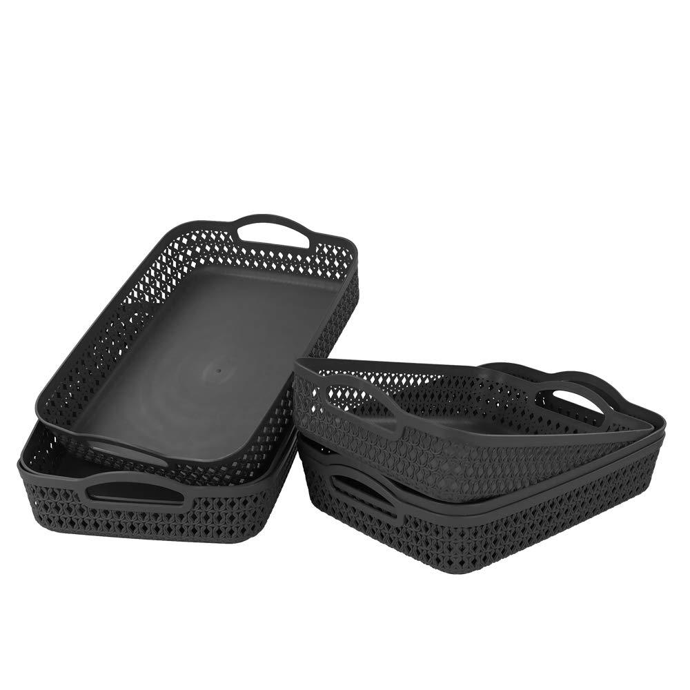 6 Packs Large Plastic Storage Basket Tray with Handle, Shallow Paper Storage Basket, Gray
