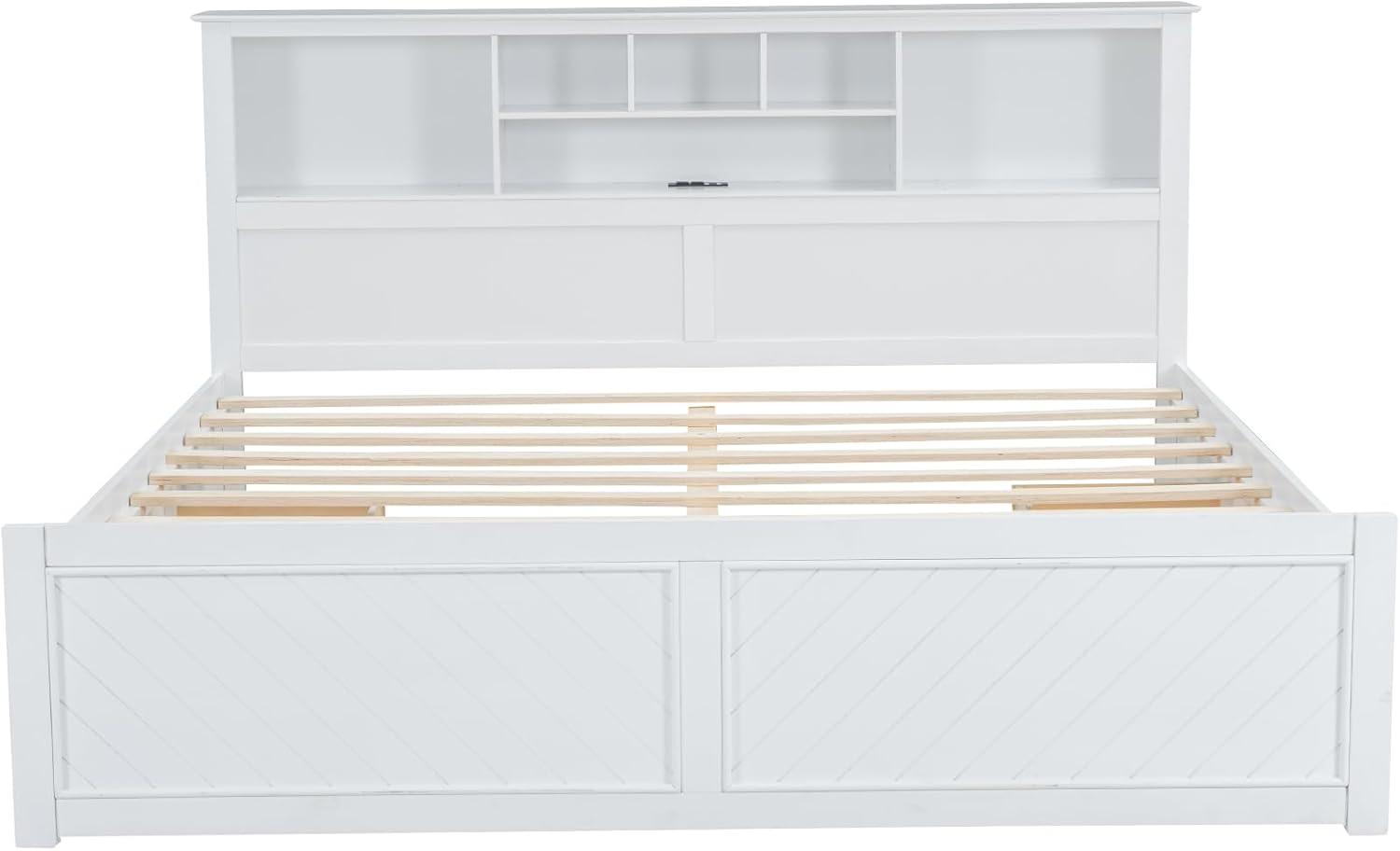 Harper & Bright Designs King Size Platform Bed with Bookcase Headboard and Storage Drawers, Wood King Storage Bed Frame with USB for Boys Girls Adults, White
