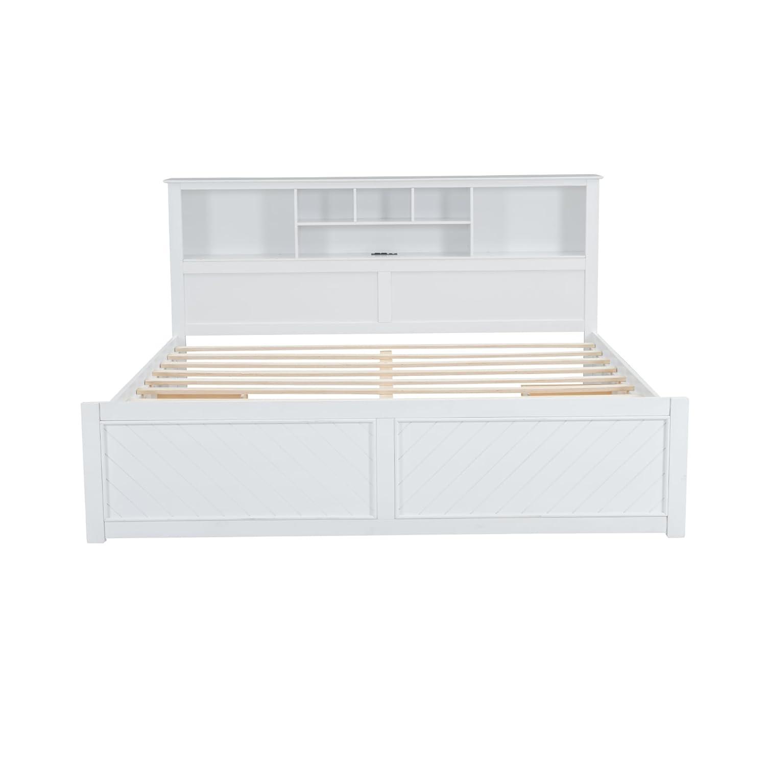 Harper & Bright Designs King Size Platform Bed with Bookcase Headboard and Storage Drawers, Wood King Storage Bed Frame with USB for Boys Girls Adults, White