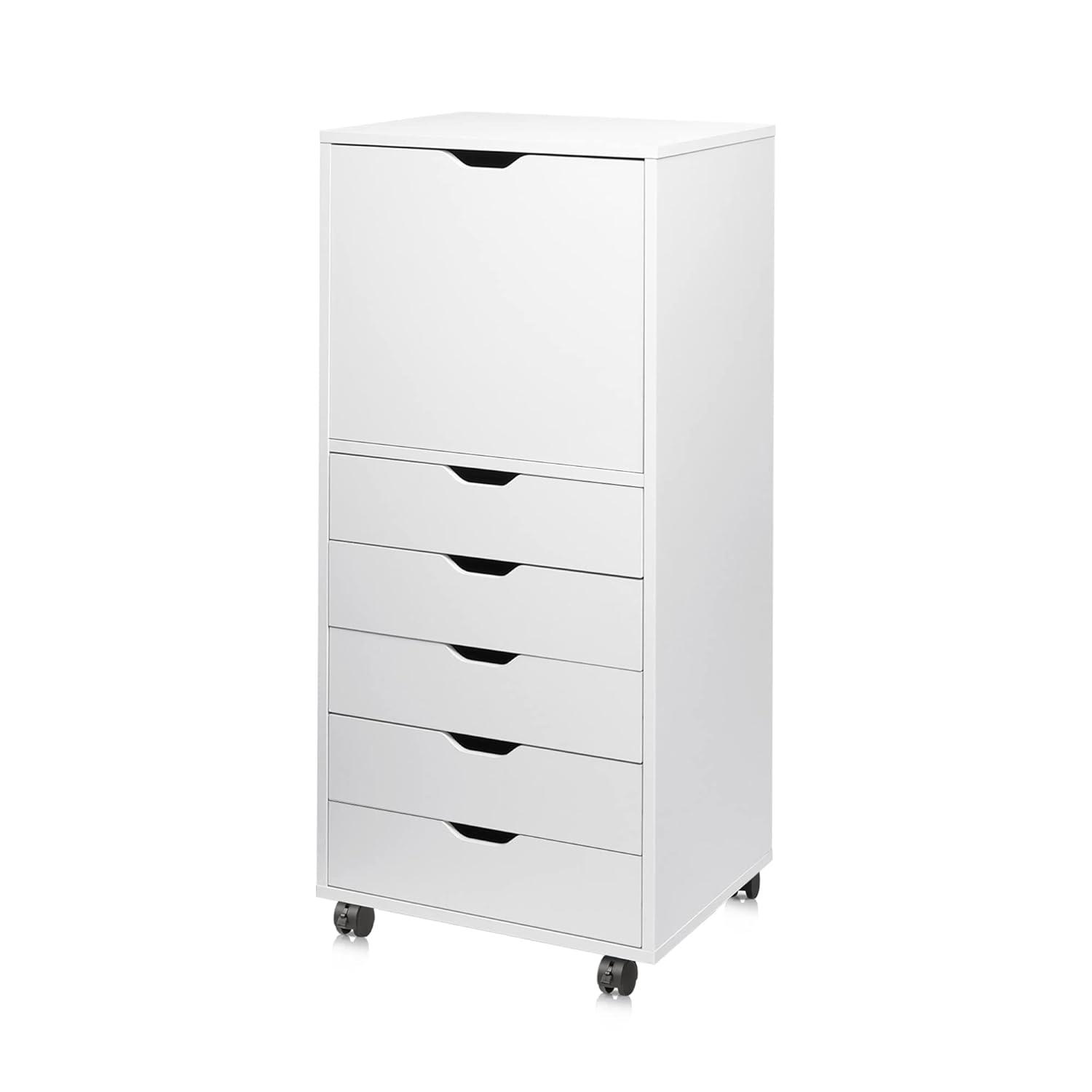 DEVAISE 5-Drawer Wood Dresser with Top Cabinet Storage, Mobile Chest of Drawers, Wide Storage Space for Home Office, White
