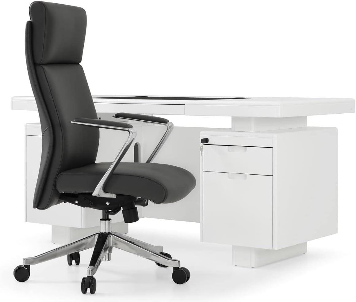 White Lacquer Modern Desk with Black Faux Leather Pad and Storage