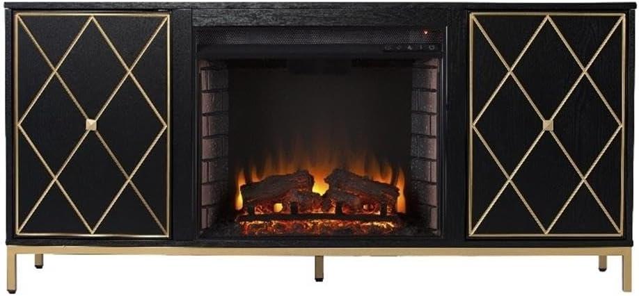 Black Electric Fireplace Media Console with Gold Accents