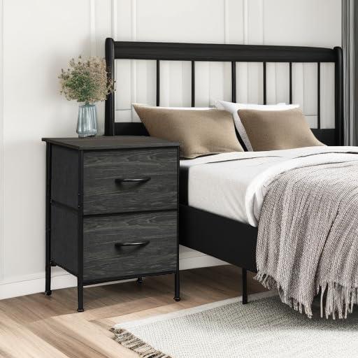 Black Fabric 2-Drawer Nightstand with Steel Frame