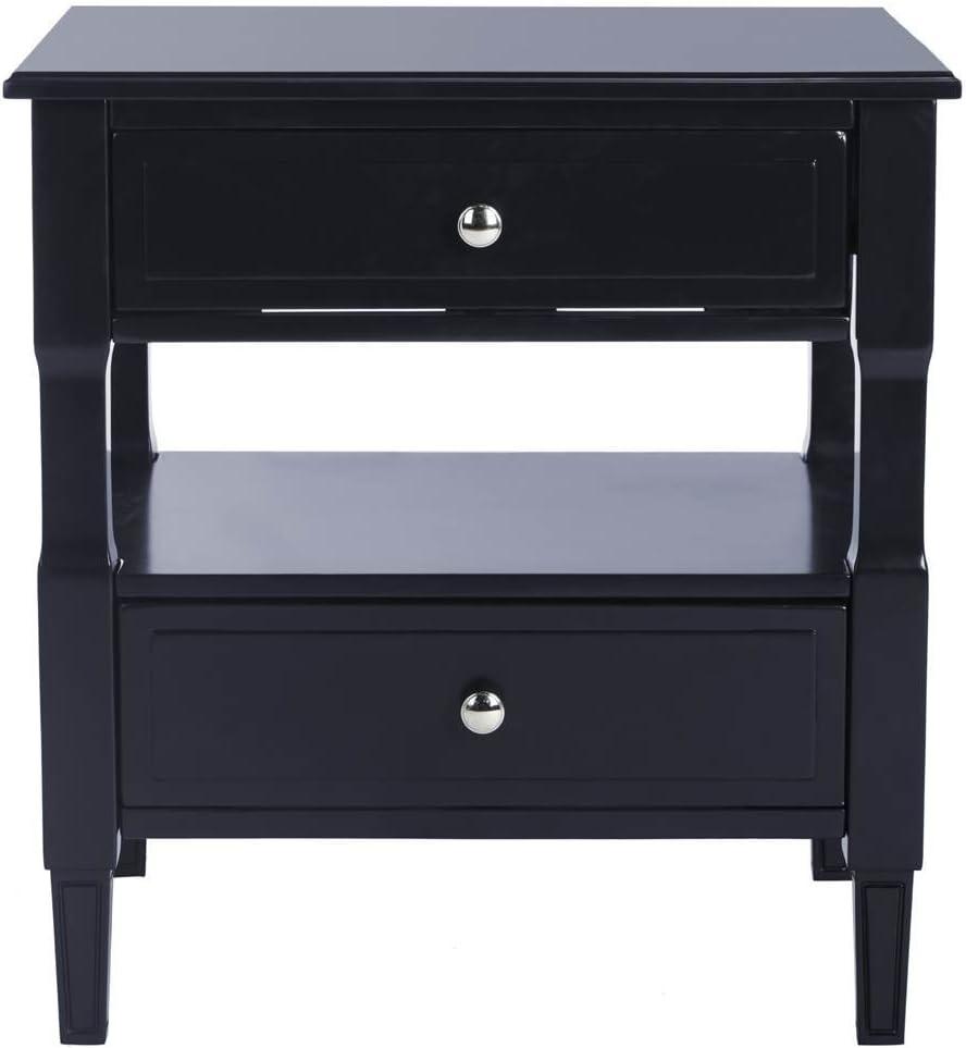 Burgundy-Inspired Black 2-Drawer Nightstand with Chrome Pulls