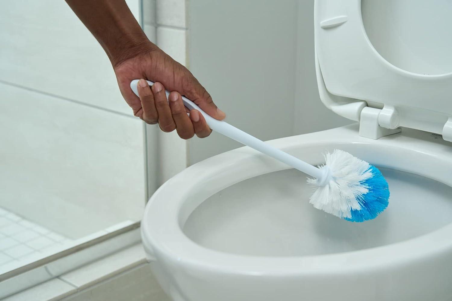 Quickie European Bowl Brush, 14-Inch, Blue, Poly Fibers with Curved Head for Cleaning Under Rims in Bathroom/Restroom