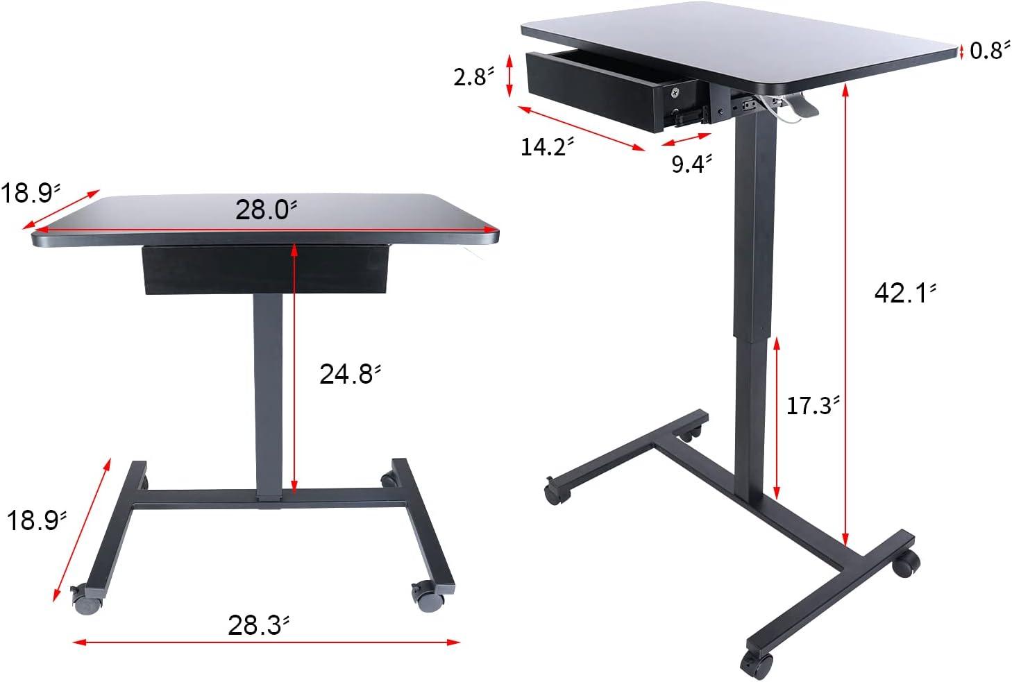 Clatina Pneumatic Height Adjustable Laptop Desk with Lockable Wheels and A Extra Drawer,28 x 18.9 inch desktop size,Black