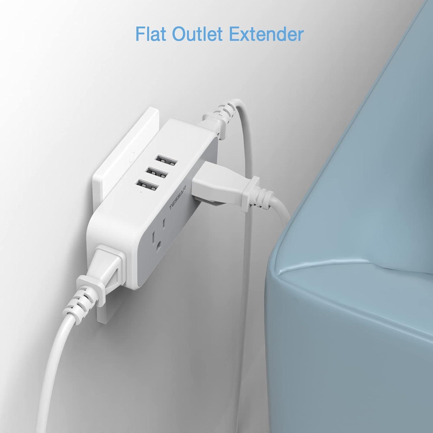 Compact White Multi Plug Wall Outlet Extender with USB Ports